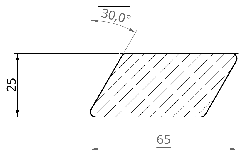 Sezione quotata del profilo RO30 25×75