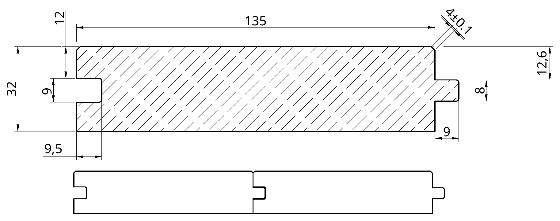 Sezione quotata del profilo P1BA 32 mm